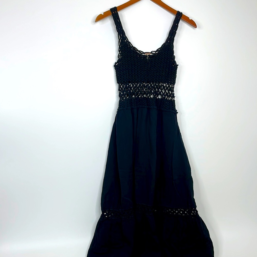 Free People Womens Black Tiered Maxi Dress Size S Crochet Sleeveless Beach Boho